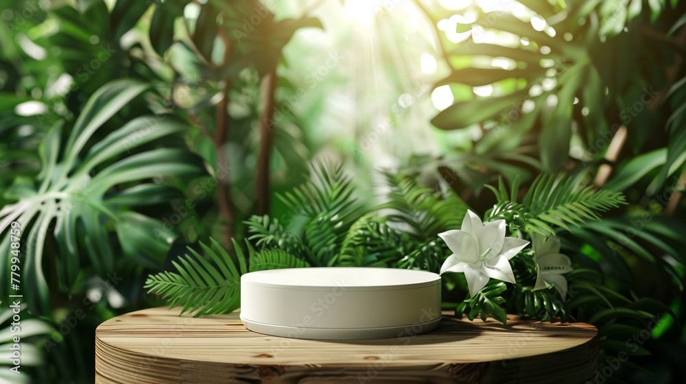 Naturethemed cosmetic podium, white plant amidst green forest, wood jungle beauty platform