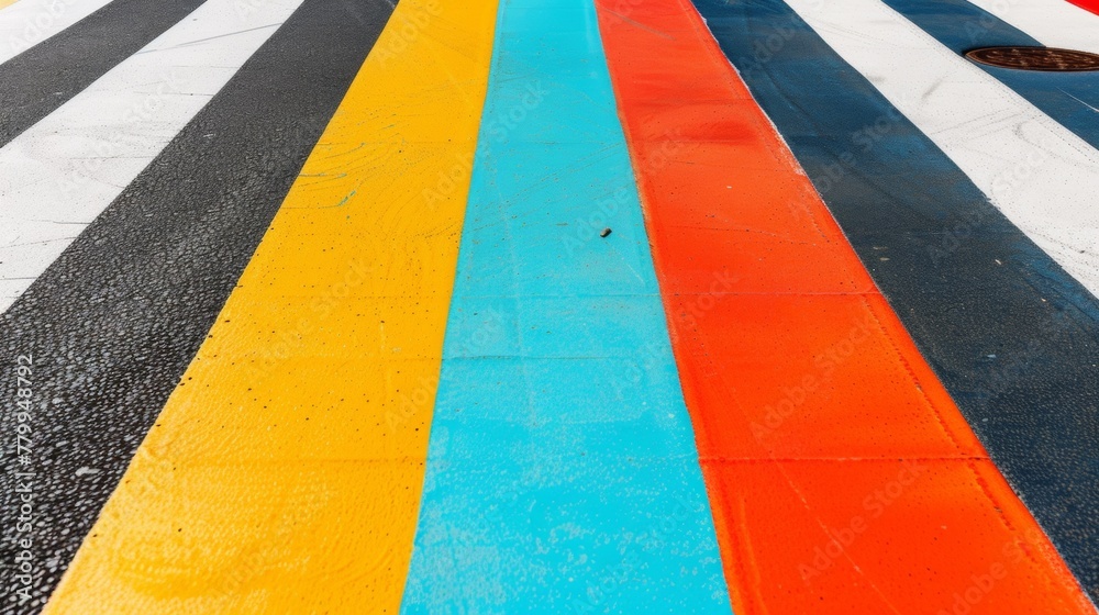 A close up of a street with multicolored stripes and lines, AI