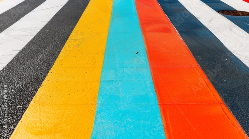 A close up of a street with multicolored stripes and lines, AI