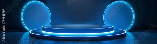 Neon blue circle podium, 3D dark room, glowing abstract platform, modern LED stage
