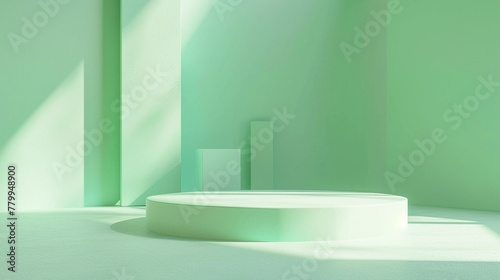 Pastel backdrop  light green 3D platform  simple studio presentation  soft even lighting  eye level view