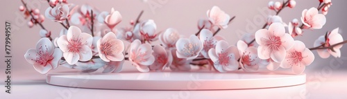 Spring flower beauty podium  3D pink and white blossom stage  minimal nature background display