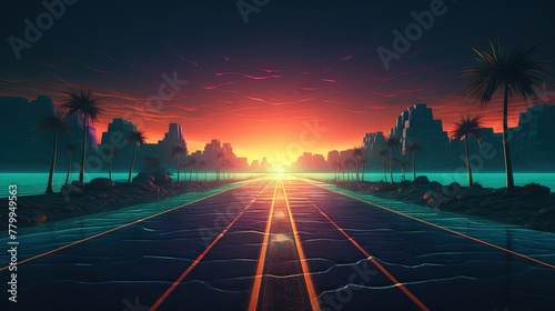 Road to horizon in synthwave style. 80s styled purple and blue synthwave highway landscape.