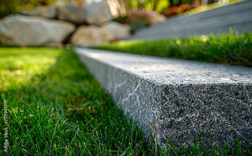 A concrete staircase with a gray granite edge in an aura of solidity and contemporary elegance. Concrete steps on green grass for a variety of architectural environments.