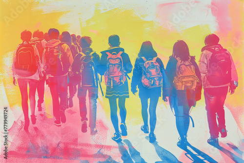 Back view of teenagers going to high school. Risograph style. Back to school concept.