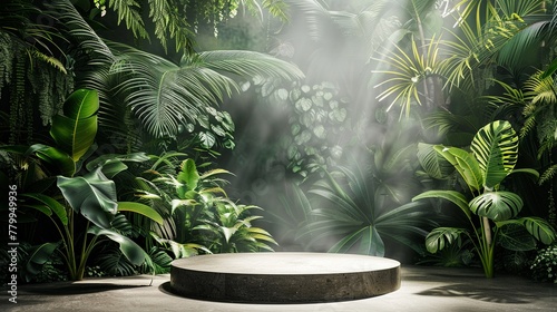 Tropical garden  lush green leaves backdrop  ecofriendly product podium center  soft morning light