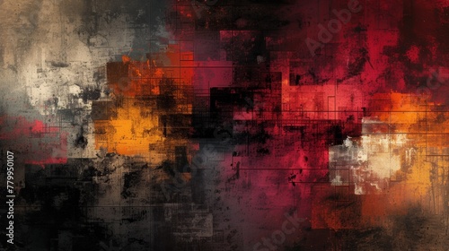 A large abstract painting with a red, orange and yellow color scheme, AI