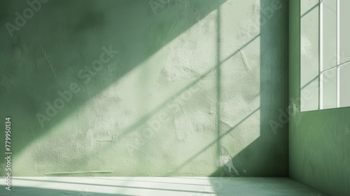 light green background Shadows and light from the window on the cement wall