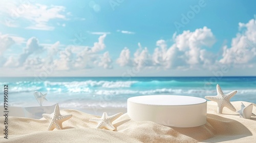 3D beach podium for summer sale, sand stand, sea and sky background, holiday promotion stage