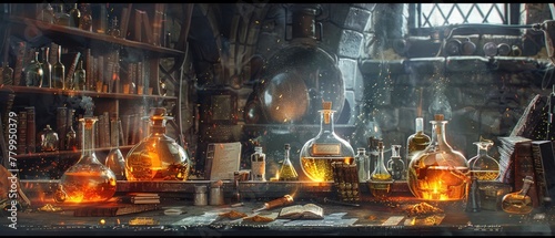 An alchemists laboratory with golden potions and ancient manuscripts exploring the mythical quest for gold photo