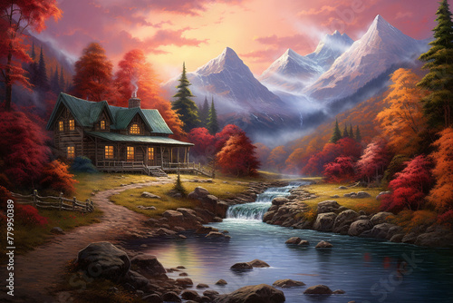 An HD image showcasing the beauty of a painting that depicts a scenic mountain scene in autumn, featuring a cozy cabin surrounded by a vibrant forest and a gentle stream flowing through the idyllic la