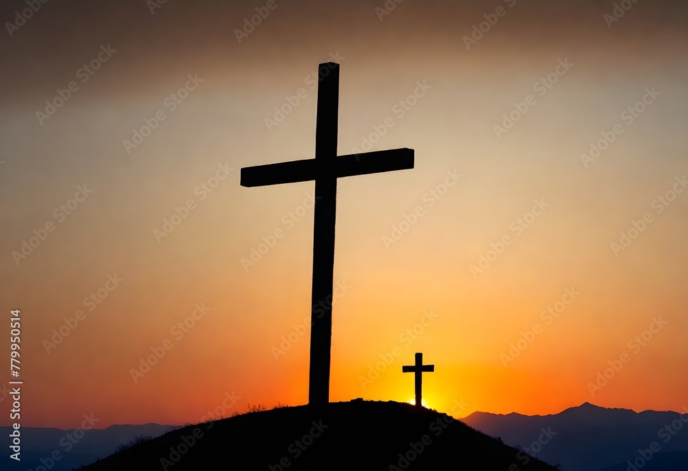 A large cross on top of a hill with the sun setting behind mountains A large cross on top of a hill with the sun setting behind mountains