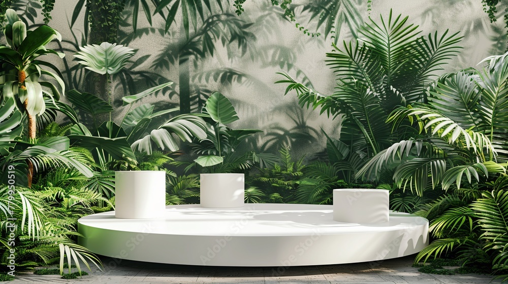 3D green forest podium, white plant details, tropical wood jungle, cosmetic product presentation 3D green forest podium, white plant details, tropical wood jungle, cosmetic product presentation
