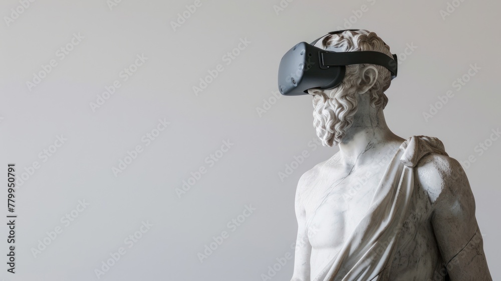 An ancient Greek philosopher statue wearing VR glasses, potentially used to blend classical art with modern technology or for interactive museum installations.