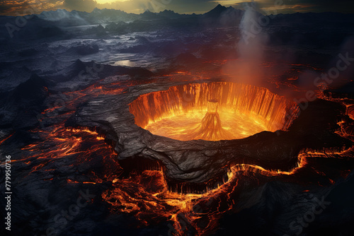 Volcano eruption from a bird view. Volcano crater and magma flow shot from above. Genertated AI. photo