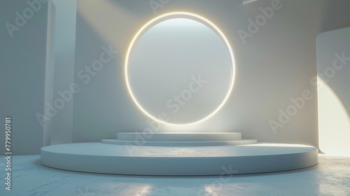 3D podium in tech studio  abstract future platform  glowing portal stand  minimalist white setting