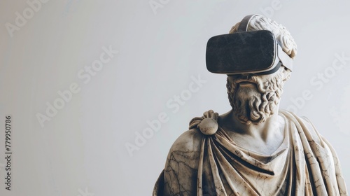 An ancient Greek philosopher statue equipped with virtual reality glasses to possibly depict the merging of classic knowledge with modern technology or for educational interfaces.