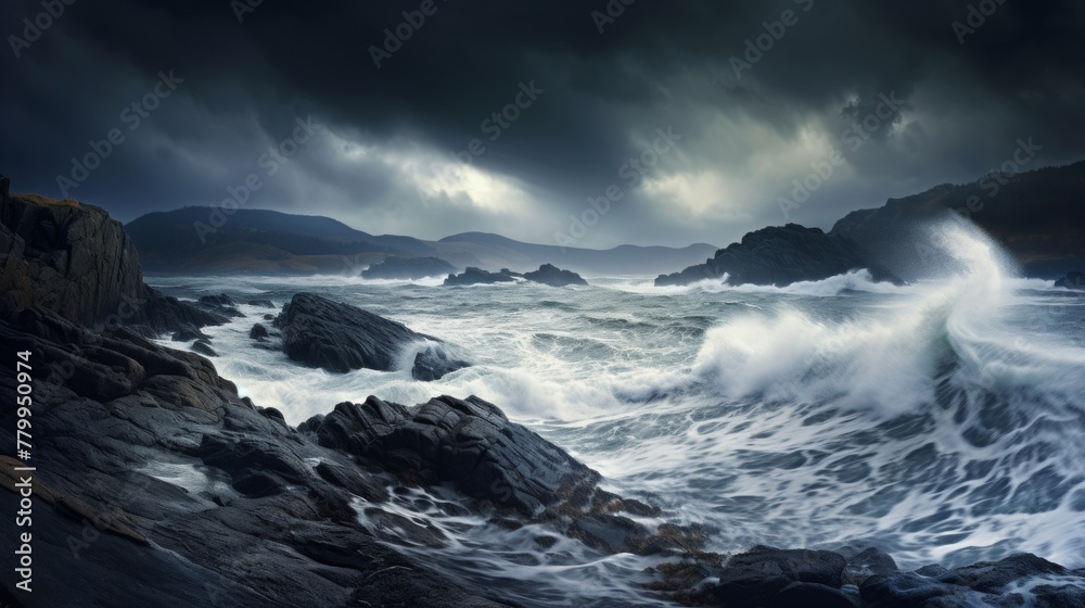 Ocean in turmoil with a stormy atmospheric backdrop