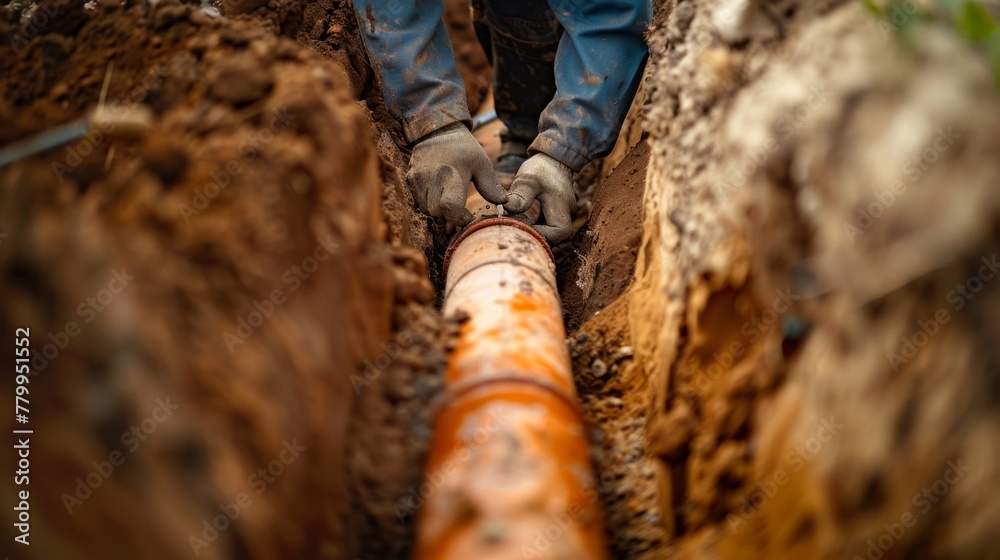Fototapeta premium Worker Installing Sewer Pipelines