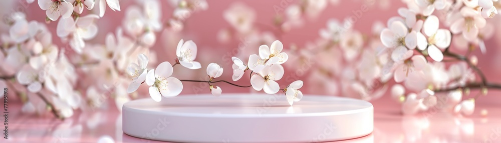 Beauty product podium, pink spring flower backdrop, 3D white blossom scene, summer abstract stage Beauty product podium, pink spring flower backdrop, 3D white blossom scene, summer abstract stage