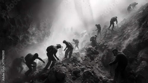 A group of people climbing up a mountain in the fog, AI