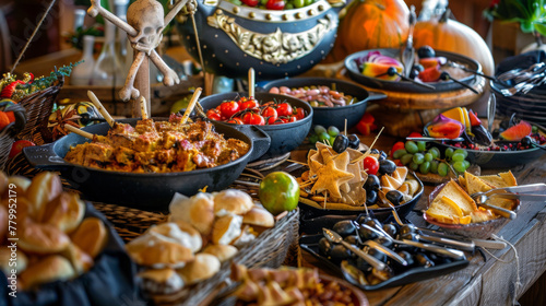A table filled with lots of food on top of a wooden table