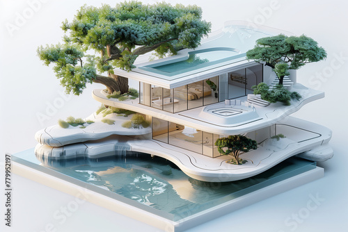 Futuristic house with trees.

