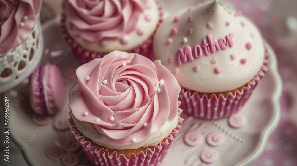 Three cupcakes with pink frosting on a plate Three cupcakes with pink frosting on a plate