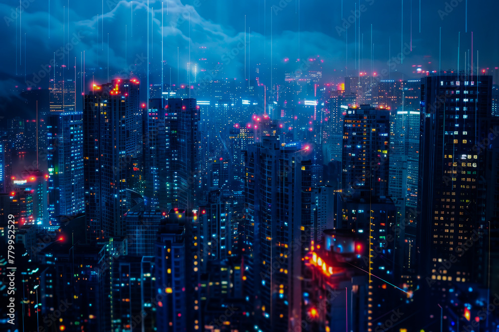 Smart city with glowing structures. Urban technology integration, global network concept. Night city background. Copy space.