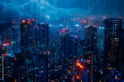 Smart city with glowing structures. Urban technology integration  global network concept. Night city background. Copy space.