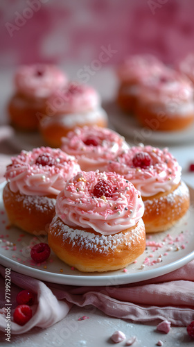 Delicious donuts with pink frosting and coconut flakes, served on a plate for a delightful sweet presentation. Ideal for culinary blogs and pastry shop promotions