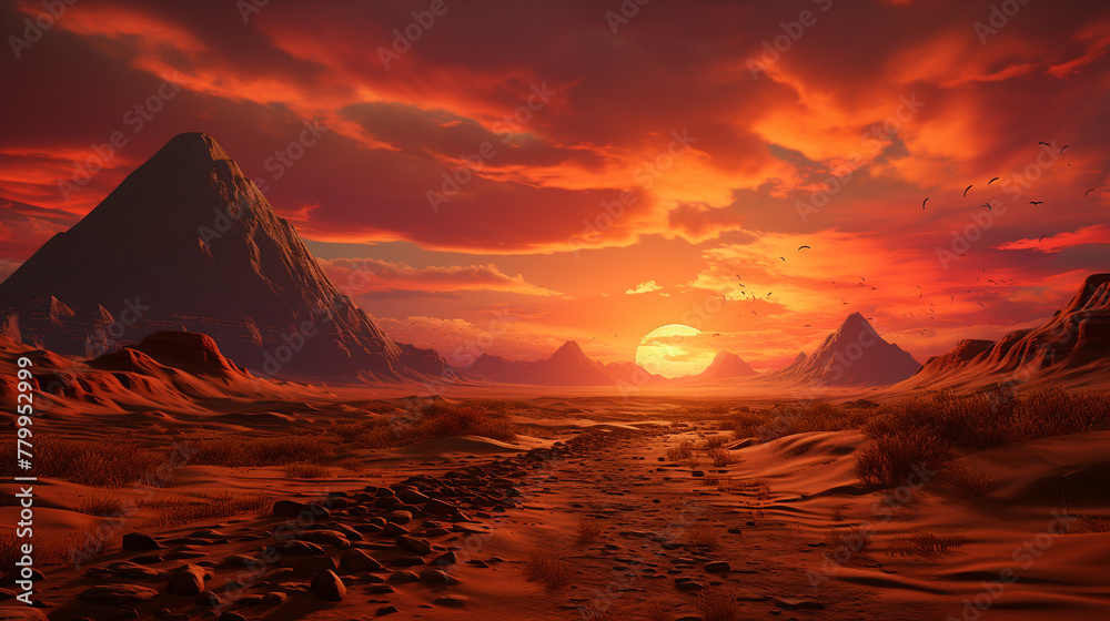 Pyramids in the desert during sunset - illustration
