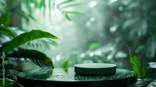 Green cosmetic platform, jungle plant background, misty ambiance, closeup shot for detail