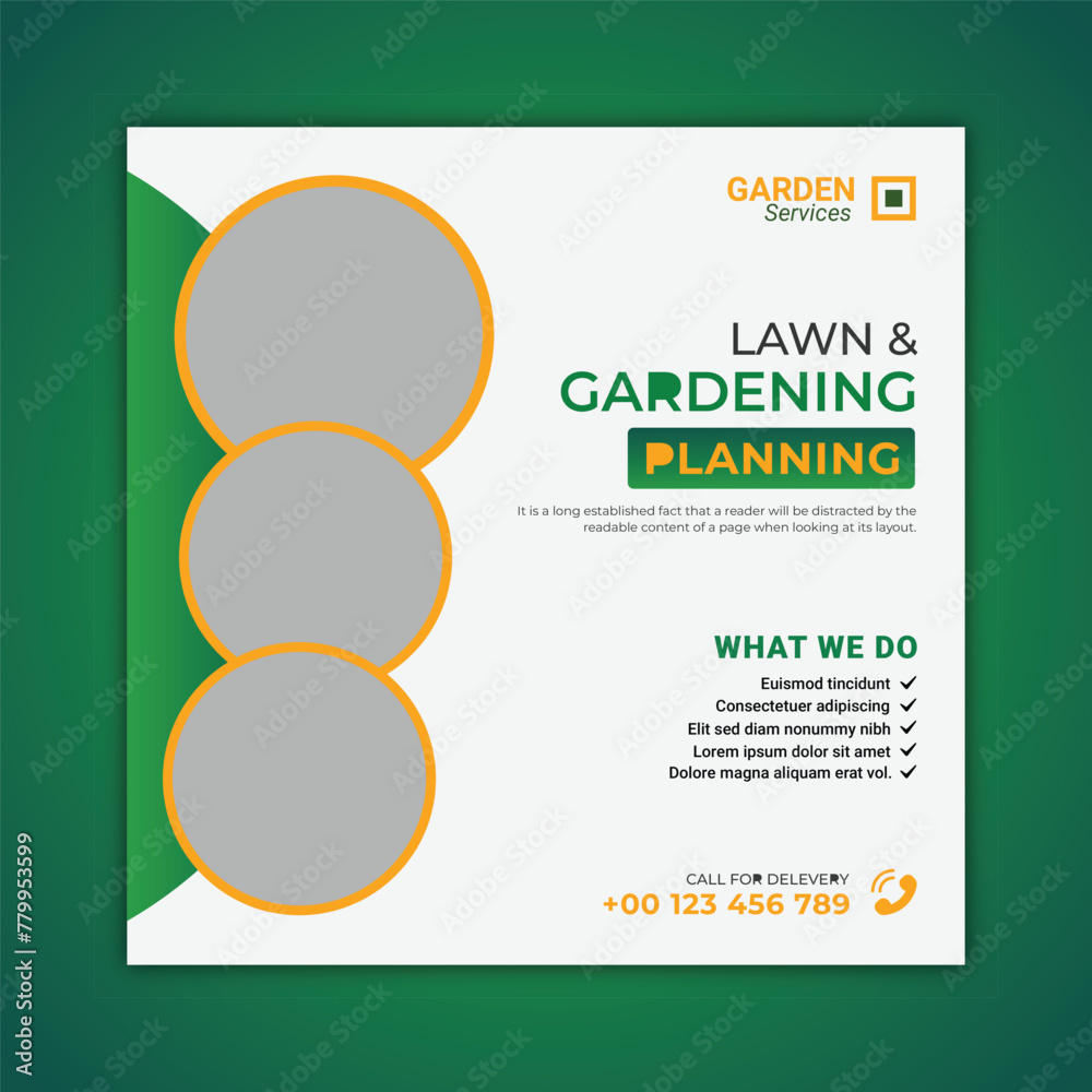 Lawn or gardening service social media post and web banner template. Lawn care or gardening landscaping service bundle Instagram post