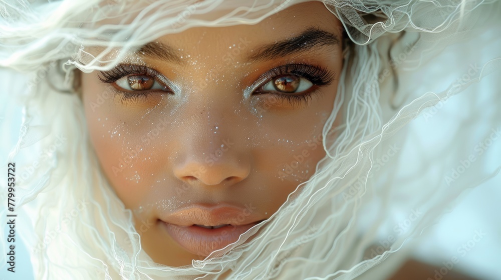 Close-up portrait of a beautiful young woman with long hair in a white veil
