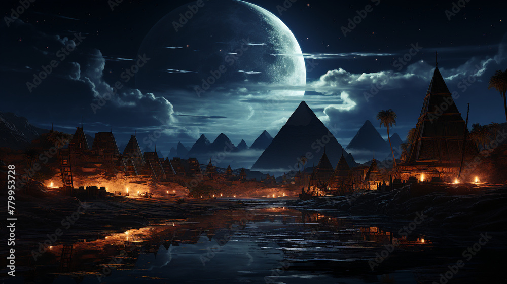 Fototapeta premium Pyramids in the desert at night