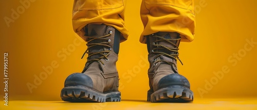 Sturdy Work Boots on Display: Durability Meets Style. Concept Fashion Photography, Footwear Marketing, Industrial Chic, Outdoor Lifestyle, Quality Craftsmanship photo