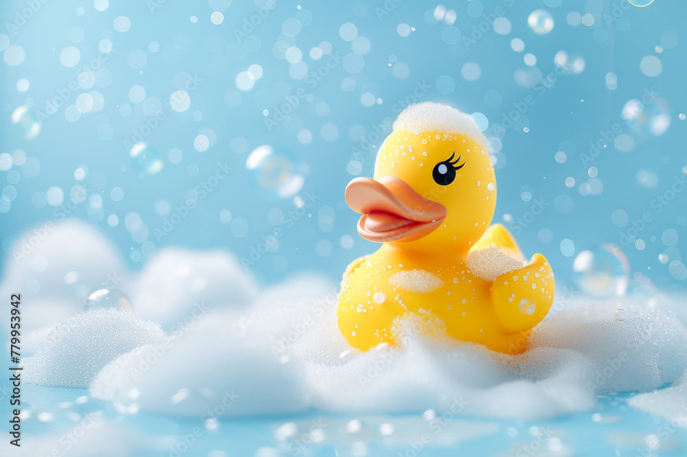 Yellow rubber duck in a soap foam on the light blue background with flying soap bubbles. Copy space. Yellow rubber duck in a soap foam on the light blue background with flying soap bubbles. Copy space.