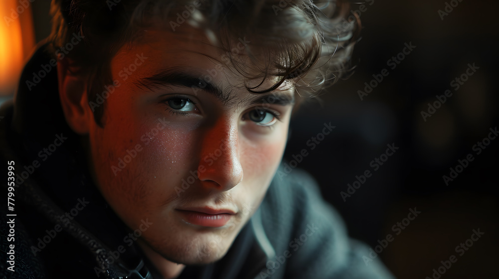 young sad man close up portrait, generative ai