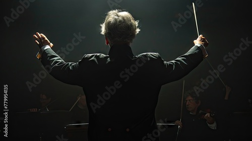Back view of conductor with baton on black background, leading a symphony of artistic expression.