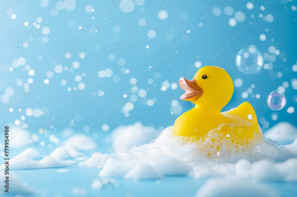 Yellow rubber duck in a soap foam on the light blue background with flying soap bubbles. Copy space. Yellow rubber duck in a soap foam on the light blue background with flying soap bubbles. Copy space.