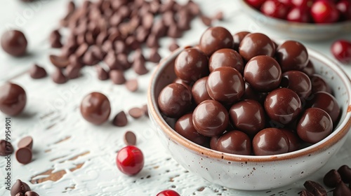 Chocolate coated hazelnut dragee. Hazelnut dragee chocolates on a white wood background, empty space for text. close up