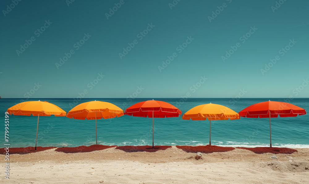 a beach with umbrellas that are open and the ocean is blue.