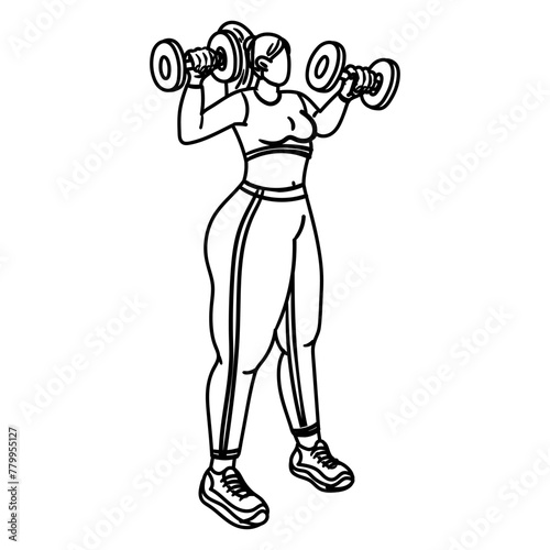 A plump contour girl does sports with dumbbells. The girl is engaged in sports. Dynamic exercises. She does fitness in a tight tracksuit. Doing sports on simulators. Women's training