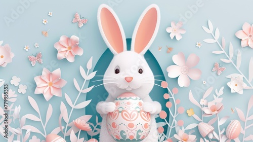 A paper rabbit is holding a colorful Easter egg and a beautiful flower to celebrate the happy event of Easter. The creative arts of plant and organism adaptation can be seen in this artwork AIG42E © Summit Art Creations