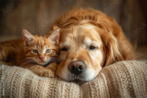 Ginger Kitten Embraces Slumber with Golden Retriever © Thitiporn