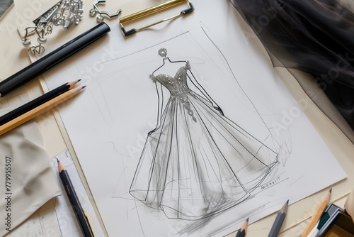 Top view of a sketch of a gray crystal evening dress on paper on a table top