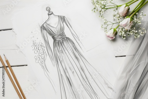 Top view of a sketch of a gray crystal evening dress on paper on a table top