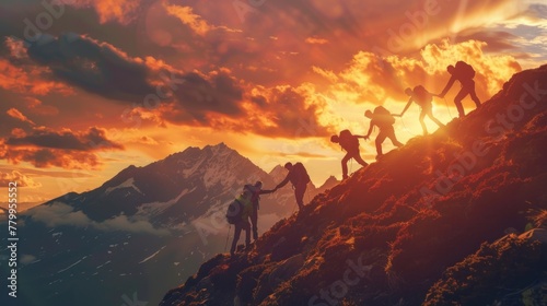 Group of people on peak mountain climbing helping team work © maxin