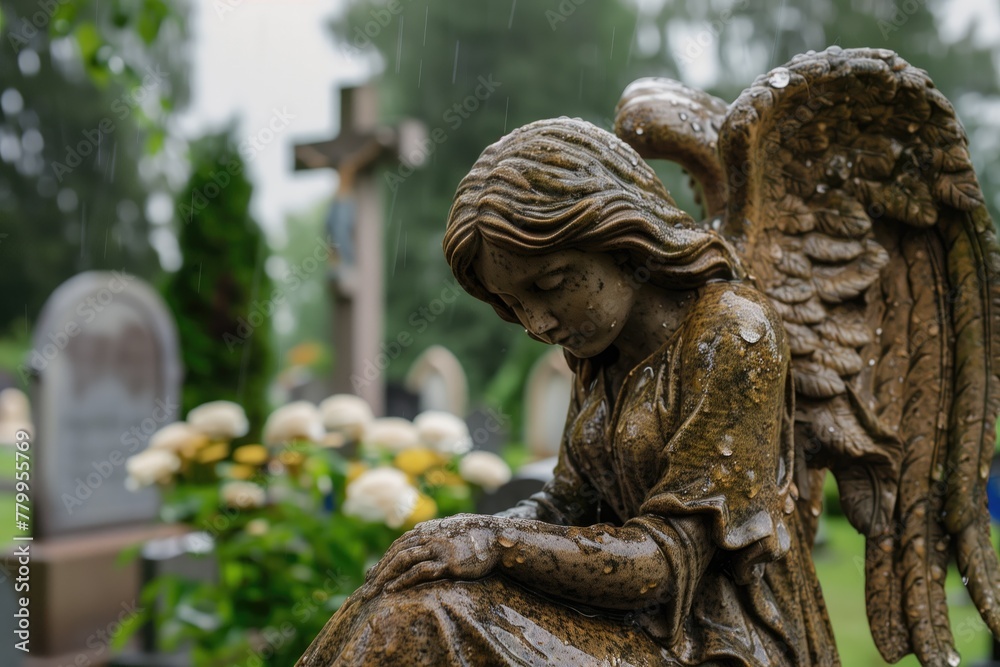 Obraz premium Guardian angel on the grave. Rainy day at graveyard.